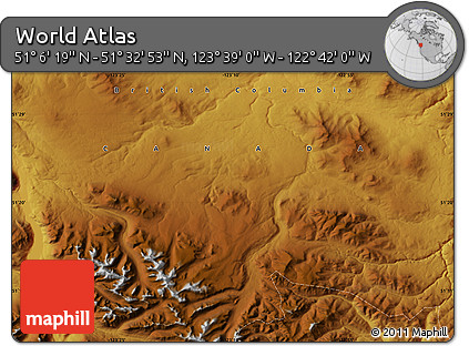 Physical Map of the Area around 51° 19' 36" N, 123° 10' 30" W