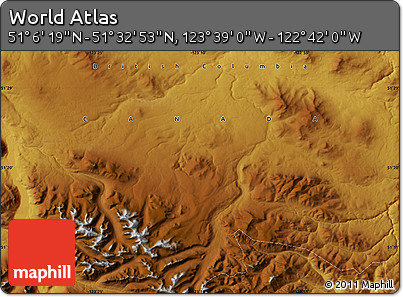 Physical Map of the Area around 51° 19' 36" N, 123° 10' 30" W