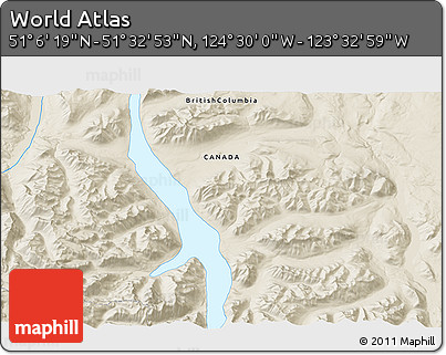 Shaded Relief 3D Map of the Area around 51° 19' 36" N, 124° 1' 30" W