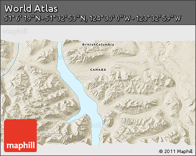 Shaded Relief 3D Map of the Area around 51° 19' 36" N, 124° 1' 30" W