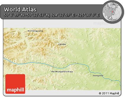 Physical 3D Map of the Area around 51° 19' 36" N, 125° 1' 30" E