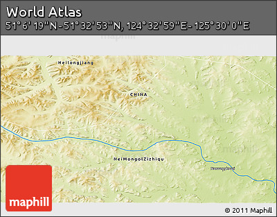 Physical 3D Map of the Area around 51° 19' 36" N, 125° 1' 30" E
