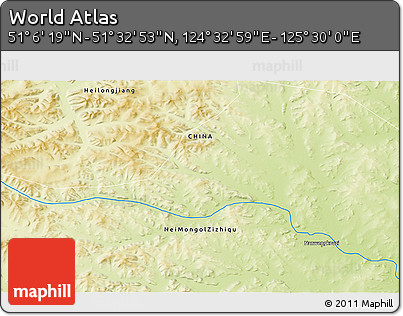 Physical 3D Map of the Area around 51° 19' 36" N, 125° 1' 30" E