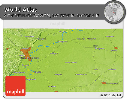 Physical 3D Map of the Area around 51° 19' 36" N, 128° 25' 30" E