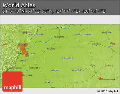 Physical 3D Map of the Area around 51° 19' 36" N, 128° 25' 30" E