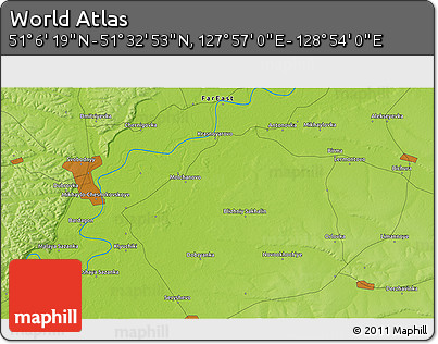 Physical 3D Map of the Area around 51° 19' 36" N, 128° 25' 30" E