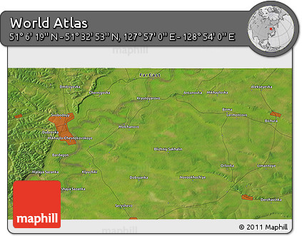 Satellite 3D Map of the Area around 51° 19' 36" N, 128° 25' 30" E