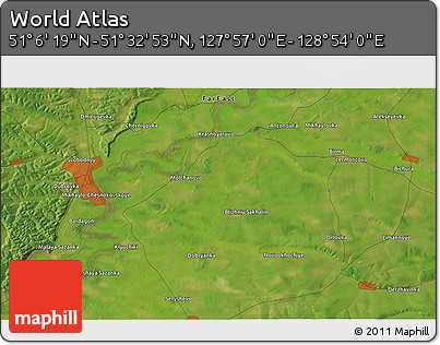 Satellite 3D Map of the Area around 51° 19' 36" N, 128° 25' 30" E