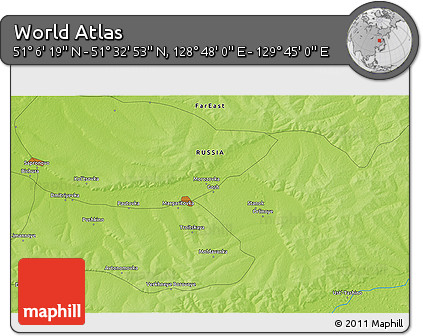 Physical 3D Map of the Area around 51° 19' 36" N, 129° 16' 30" E