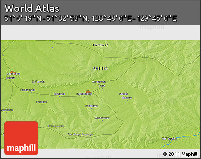 Physical 3D Map of the Area around 51° 19' 36" N, 129° 16' 30" E