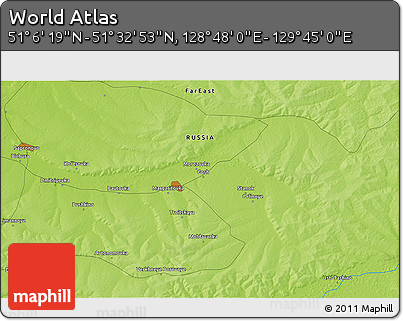 Physical 3D Map of the Area around 51° 19' 36" N, 129° 16' 30" E