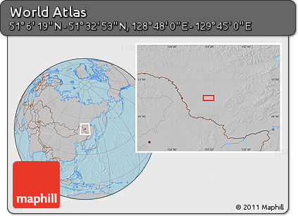 Gray Location Map of the Area around 51° 19' 36" N, 129° 16' 30" E, hill shading