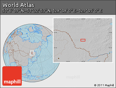Gray Location Map of the Area around 51° 19' 36" N, 129° 16' 30" E, hill shading