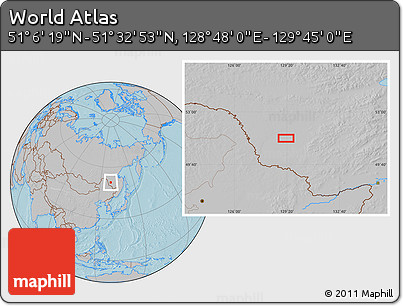 Gray Location Map of the Area around 51° 19' 36" N, 129° 16' 30" E, hill shading