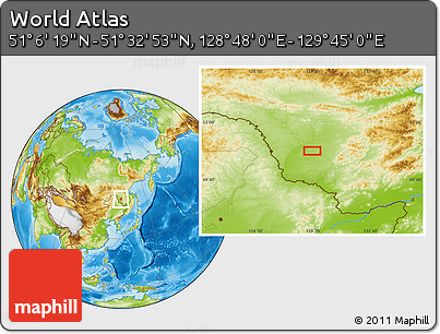 Physical Location Map of the Area around 51° 19' 36" N, 129° 16' 30" E