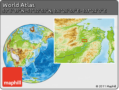 Physical Location Map of the Area around 51° 19' 36" N, 136° 55' 30" E