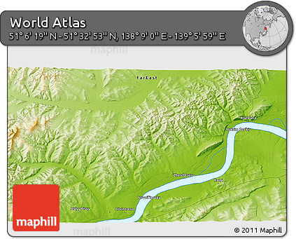 Physical 3D Map of the Area around 51° 19' 36" N, 138° 37' 30" E