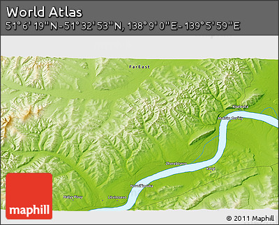 Physical 3D Map of the Area around 51° 19' 36" N, 138° 37' 30" E