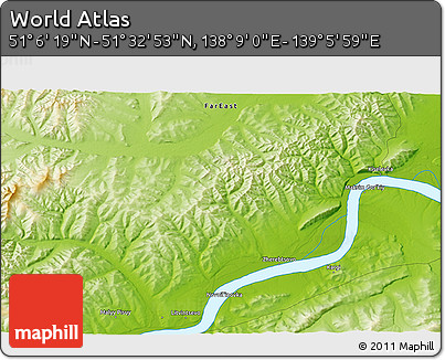Physical 3D Map of the Area around 51° 19' 36" N, 138° 37' 30" E