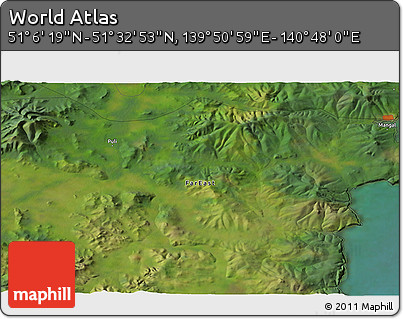 Satellite 3D Map of the Area around 51° 19' 36" N, 140° 19' 29" E