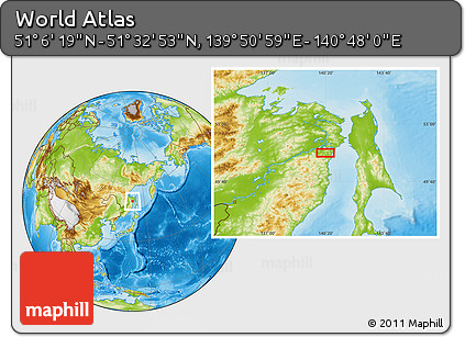 Physical Location Map of the Area around 51° 19' 36" N, 140° 19' 29" E