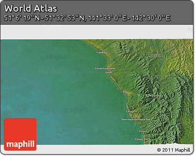 Satellite 3D Map of the Area around 51° 19' 36" N, 142° 1' 30" E