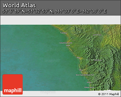Satellite 3D Map of the Area around 51° 19' 36" N, 142° 1' 30" E