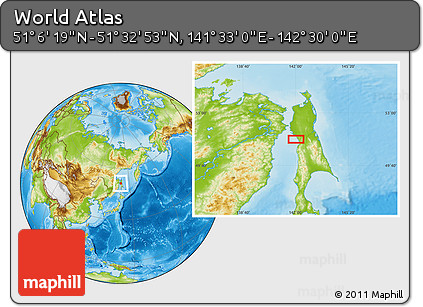 Physical Location Map of the Area around 51° 19' 36" N, 142° 1' 30" E