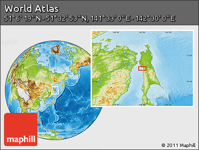 Physical Location Map of the Area around 51° 19' 36" N, 142° 1' 30" E