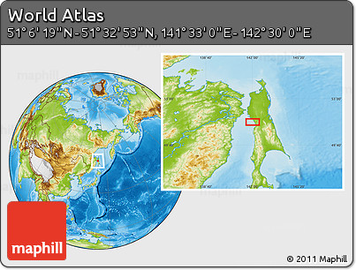 Physical Location Map of the Area around 51° 19' 36" N, 142° 1' 30" E