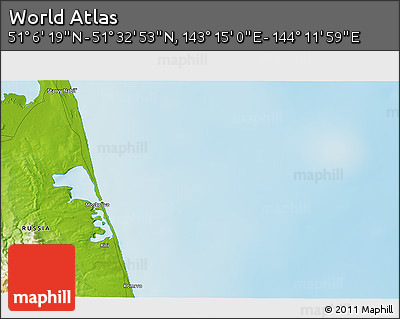 Physical 3D Map of the Area around 51° 19' 36" N, 143° 43' 29" E