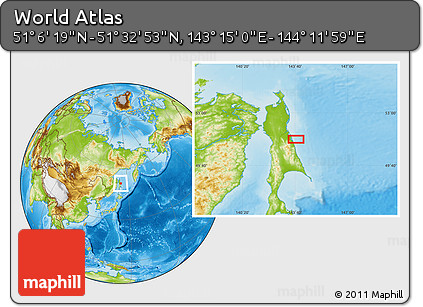 Physical Location Map of the Area around 51° 19' 36" N, 143° 43' 29" E