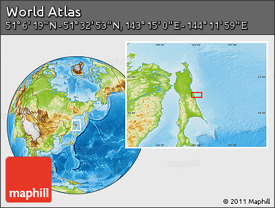 Physical Location Map of the Area around 51° 19' 36" N, 143° 43' 29" E