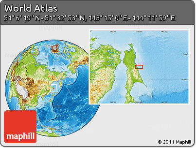Physical Location Map of the Area around 51° 19' 36" N, 143° 43' 29" E