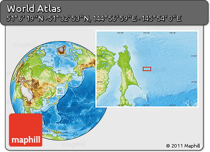 Physical Location Map of the Area around 51° 19' 36" N, 145° 25' 30" E