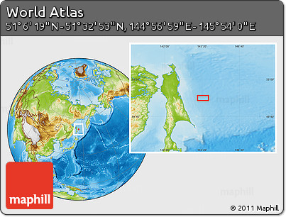 Physical Location Map of the Area around 51° 19' 36" N, 145° 25' 30" E