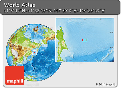 Physical Location Map of the Area around 51° 19' 36" N, 147° 58' 29" E