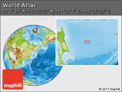 Physical Location Map of the Area around 51° 19' 36" N, 147° 58' 29" E