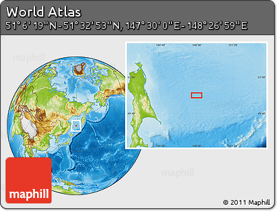 Physical Location Map of the Area around 51° 19' 36" N, 147° 58' 29" E