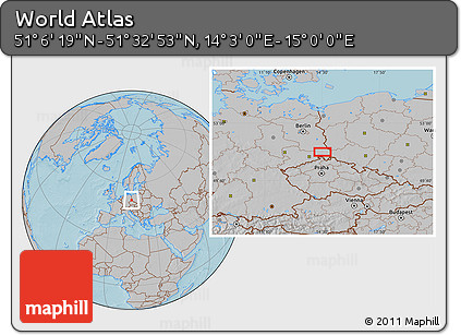 Gray Location Map of the Area around 51° 19' 36" N, 14° 31' 30" E, hill shading