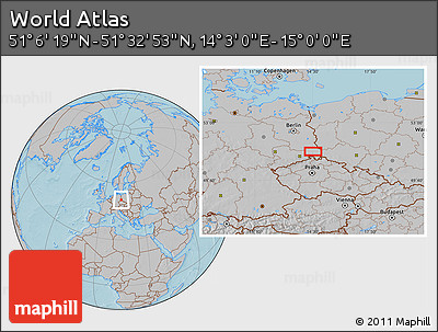 Gray Location Map of the Area around 51° 19' 36" N, 14° 31' 30" E, hill shading