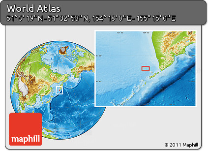 Physical Location Map of the Area around 51° 19' 36" N, 154° 46' 30" E