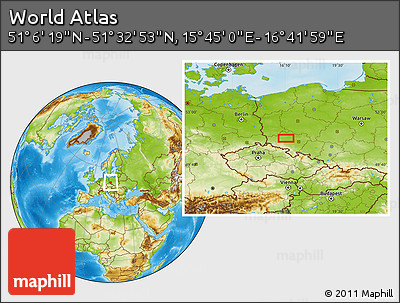 Physical Location Map of the Area around 51° 19' 36" N, 16° 13' 30" E
