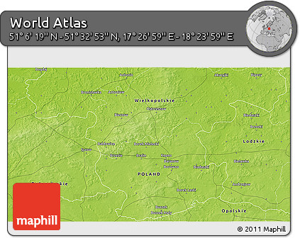 Physical 3D Map of the Area around 51° 19' 36" N, 17° 55' 29" E