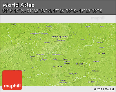 Physical 3D Map of the Area around 51° 19' 36" N, 17° 55' 29" E