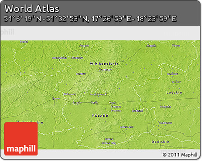 Physical 3D Map of the Area around 51° 19' 36" N, 17° 55' 29" E