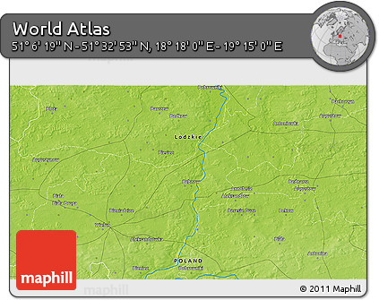 Physical 3D Map of the Area around 51° 19' 36" N, 18° 46' 29" E