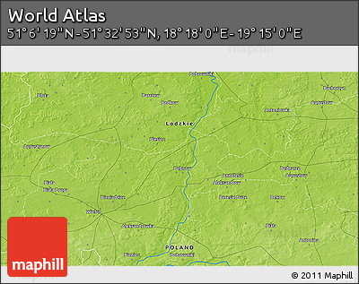 Physical 3D Map of the Area around 51° 19' 36" N, 18° 46' 29" E