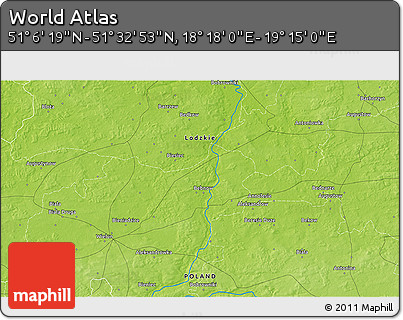 Physical 3D Map of the Area around 51° 19' 36" N, 18° 46' 29" E