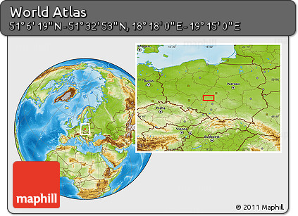 Physical Location Map of the Area around 51° 19' 36" N, 18° 46' 29" E